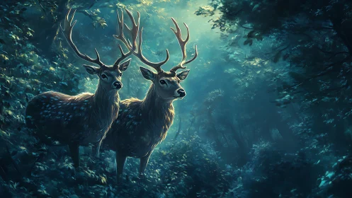 Moonlit antler guardians in a teal-whispering forest.