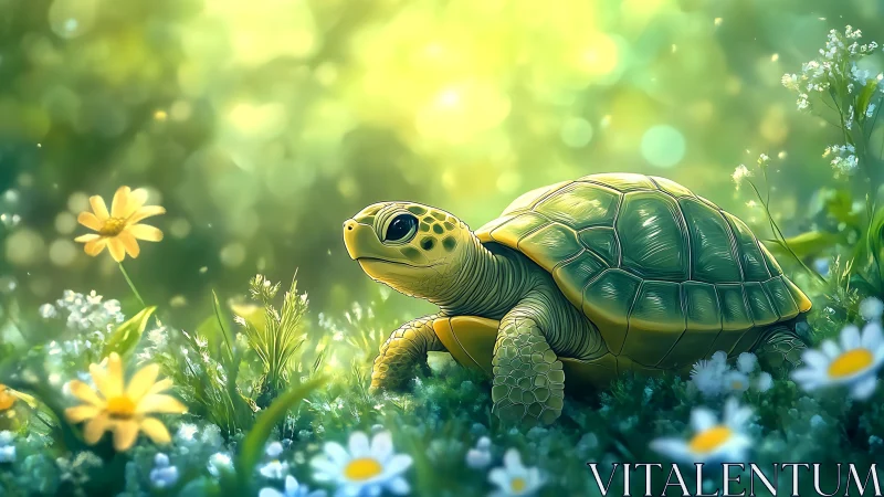 Young green turtle in soft-focus spring meadow scene.