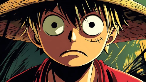 Close-up anime portrait of straw hat boy with shocked gaze