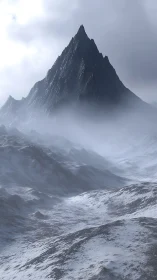 Steep jagged peak rises from misted glacial valley under diffuse light