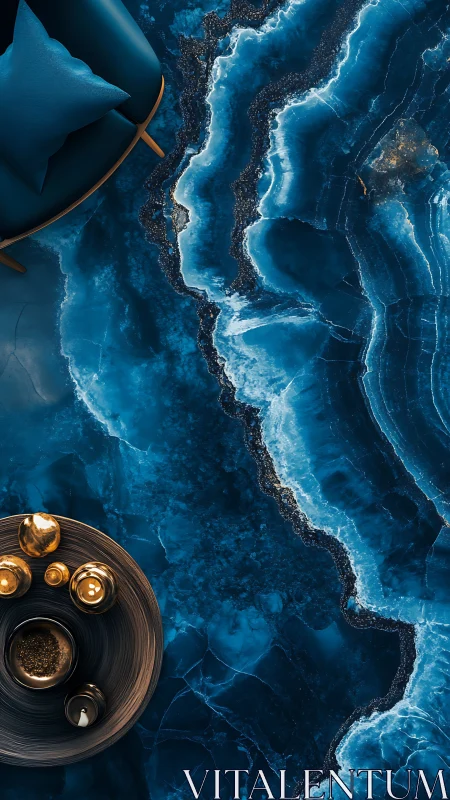 Photorealistic top view of blue geode tabletop interior design.