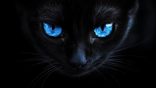 Luminous Feline: Twin Sapphire Portals Piercing the Void.