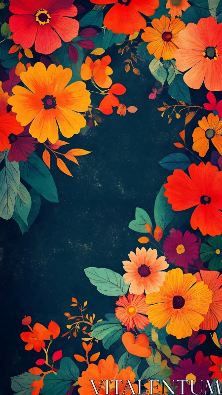 Vibrant Floral Composition on Dark Teal Background.