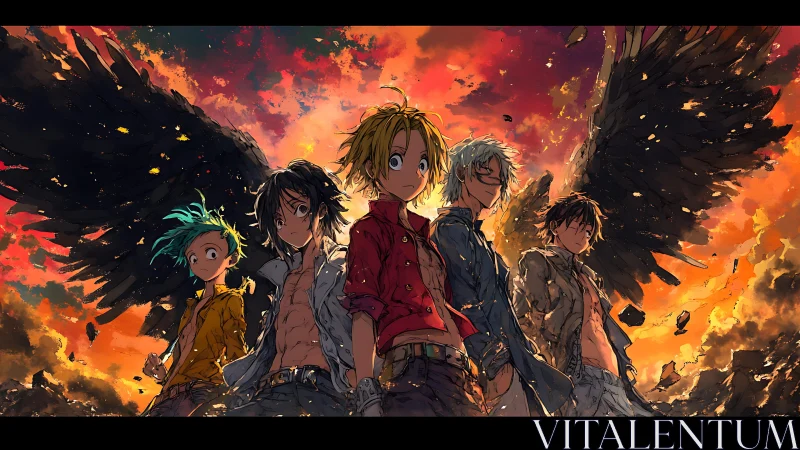 Winged rebel teens stand defiant beneath a burning sky