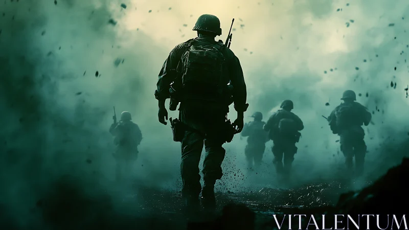 Cinematic digital painting of soldiers in dense battle fog.