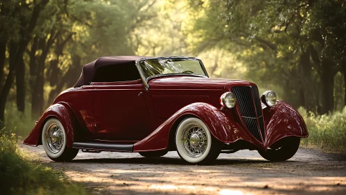 Elegant vintage roadster glowing on a sunlit forest lane.