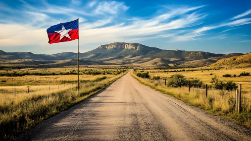 Texas flag beside rural road toward distant low mountains.