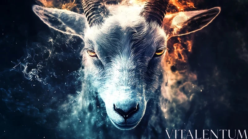 Mythic goat portrait with fire and ice dual-color aura.