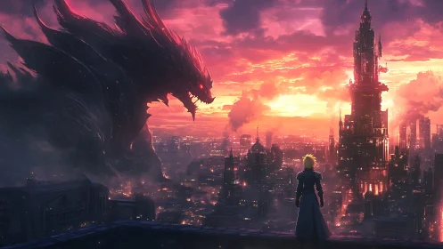 Giant shadow creature overlooking futuristic cityscape at dusk.