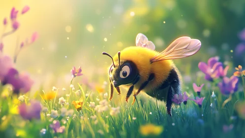 Sunny meadow mischief with a wide-eyed bumblebee explorer.