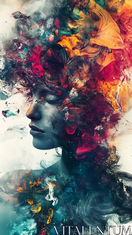 Surreal female portrait swirls through vivid color clouds.