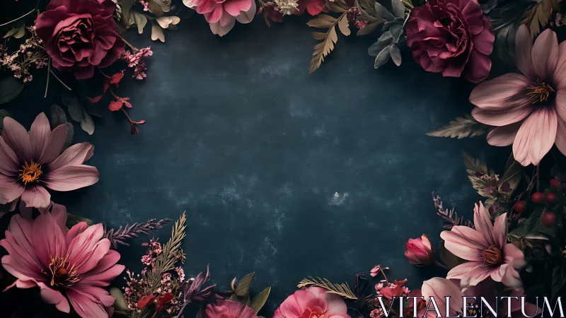 Floral Border Composition on Textured Teal Ground.