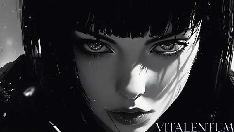 Monochrome close-up portrait isolates angular, high-contrast gaze