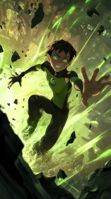 Young hero surges through green energy vortex mid-leap