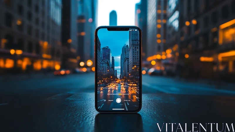 Smartphone captures glowing city street in dusk perspective