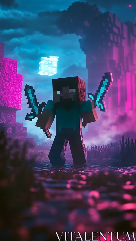 Pixel warrior strides through neon mist with twin blades.