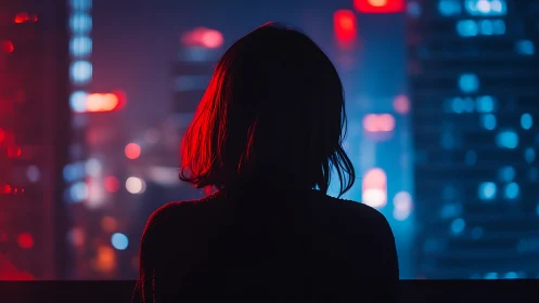 Silhouetted woman overlooking neon cityscape at night.