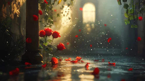 Volumetric light rendering through architectural interior with red roses and particle effects