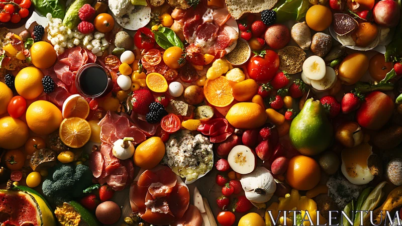 Colorful overhead spread shows mixed fruits, meats and eggs