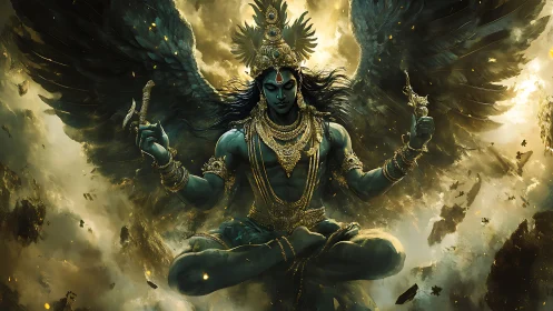 Winged blue figure in symmetrical seated pose amid debris