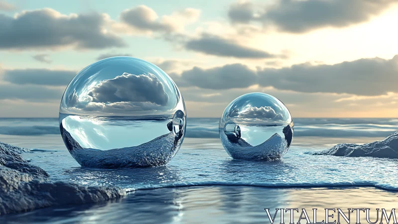 Glistening mirrored spheres rest calmly by a gentle seaside