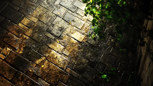 Rain-soaked brick path glows under warm afternoon sunlight.