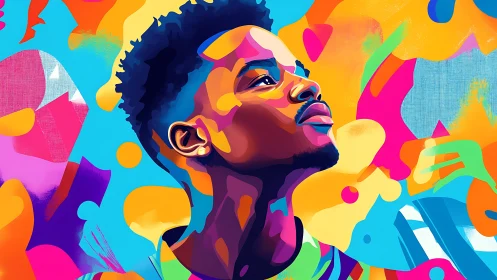 Vibrant digital portrait of man against bold abstract colors.