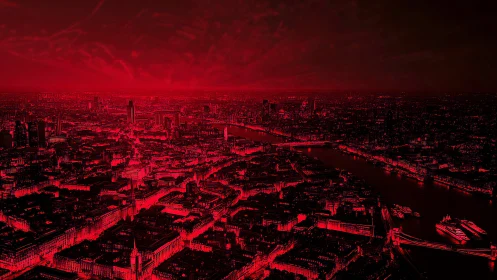 High-contrast red monochrome cityscape reveals dense riverfront grid