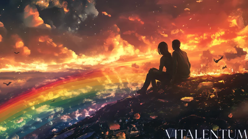 Silhouetted Couple Overlooking Apocalyptic Rainbow Sky.