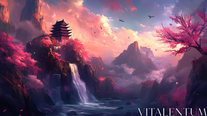 Fantasy mountain pagoda above waterfalls and pink forests.