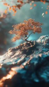 Tiny ember tree clings to a dream-bright cliffside world