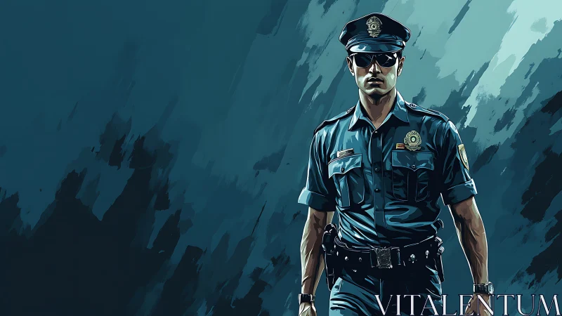Police officer illustration in blue uniform and glasses.