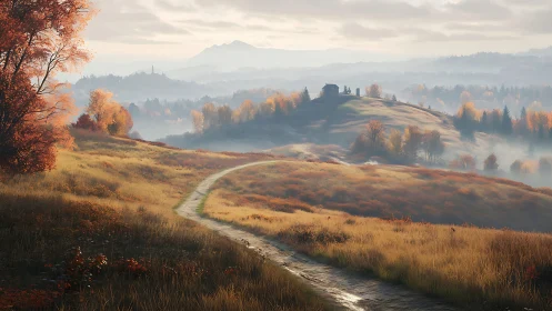 Winding dirt path across misty autumn hills and trees.