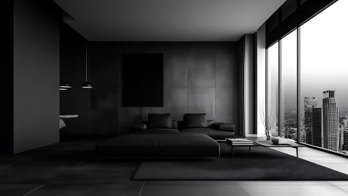Monochrome minimalist bedroom interior with city skyline view.