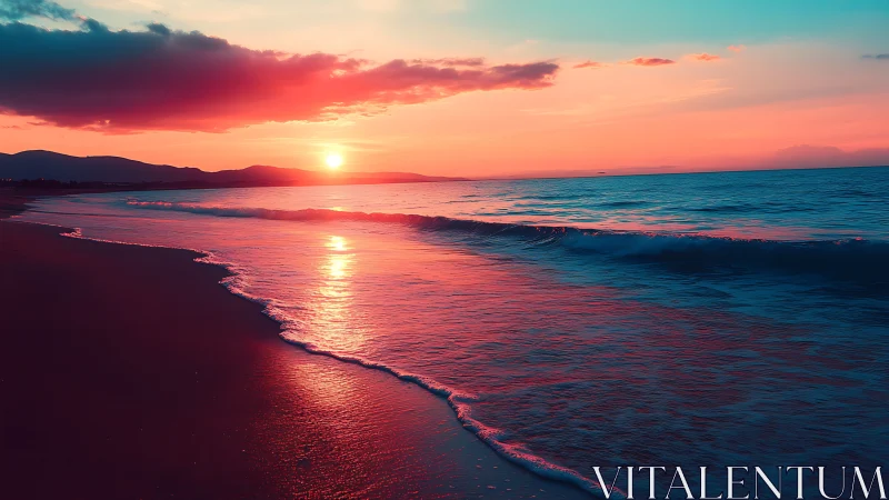 Coastal shoreline with low waves under vivid sunset light.