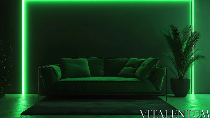 Emerald sofa glows in moody living room neon embrace