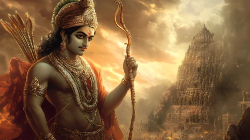 Sunlit archer-king guards a stormlit temple of legends