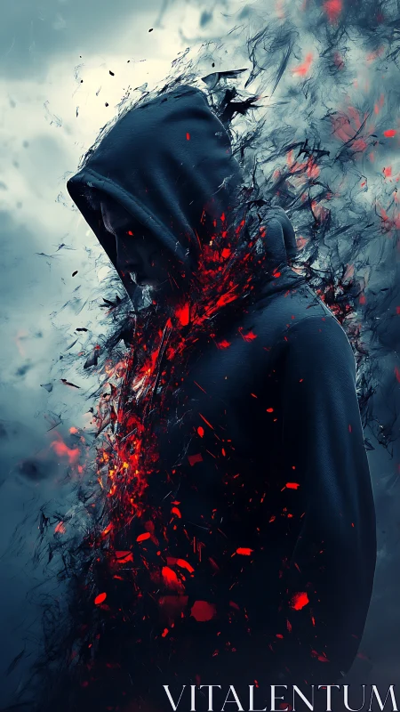 Hooded figure emerging in swirling shadows and scarlet light.