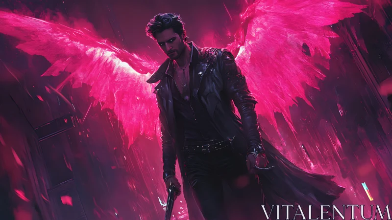 Neon-winged vigilante descending through crimson cityscape.