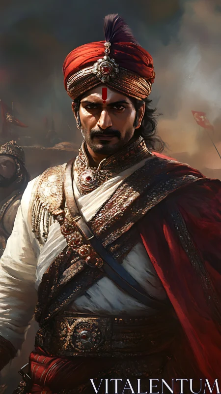 Warrior king portrait in ornate red turban and armor.