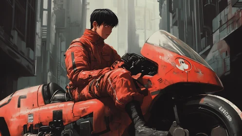 Motorcyclist sits on streamlined red bike in dense city alley