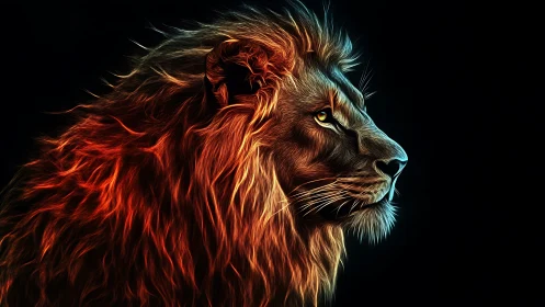 Fiery neon lion profile framed on black background.