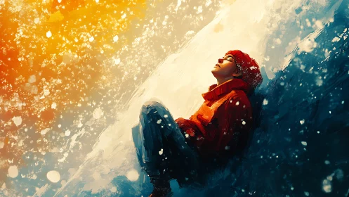 Solitary figure absorbs glowing snowfall in abstract light.