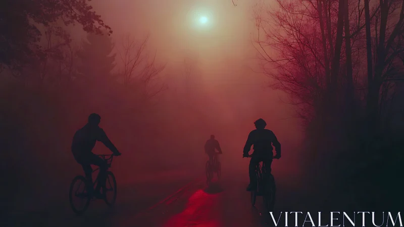 Cyclists ride through dense red fog toward a distant light