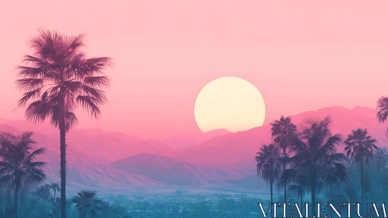 Neon desert sunset silhouettes tropical palm tree skyline