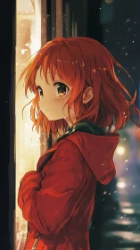 Anime girl in red coat by glowing city window at night.