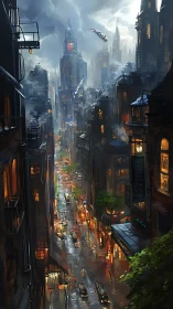 Rainlit future city street humming with layered life.