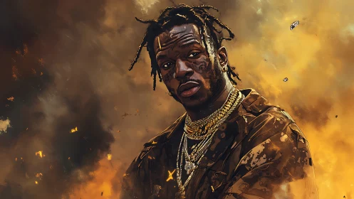 Gold-draped rebel studies the storm of burning embers behind