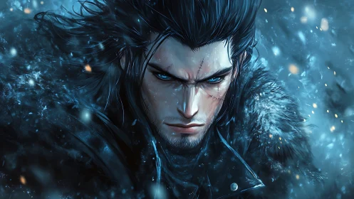 Scarred warrior glares through storm with icy blue eyes.