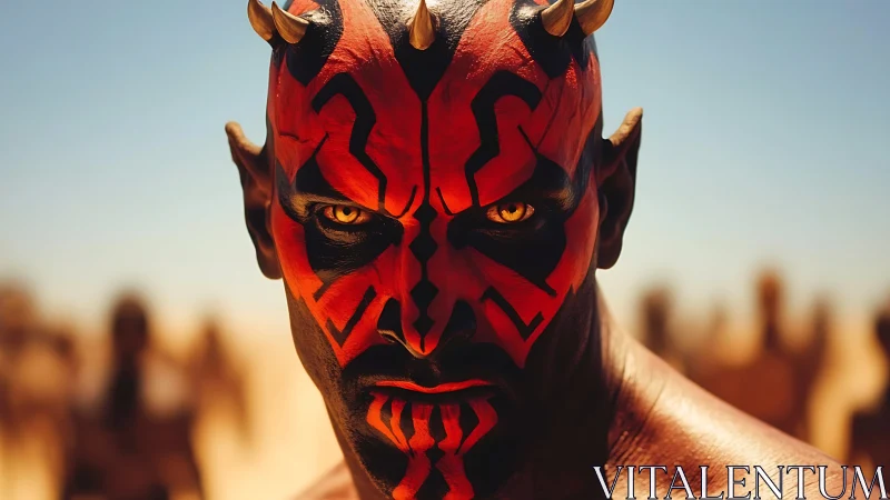 Crimson warrior locks molten eyes on the desert horizon